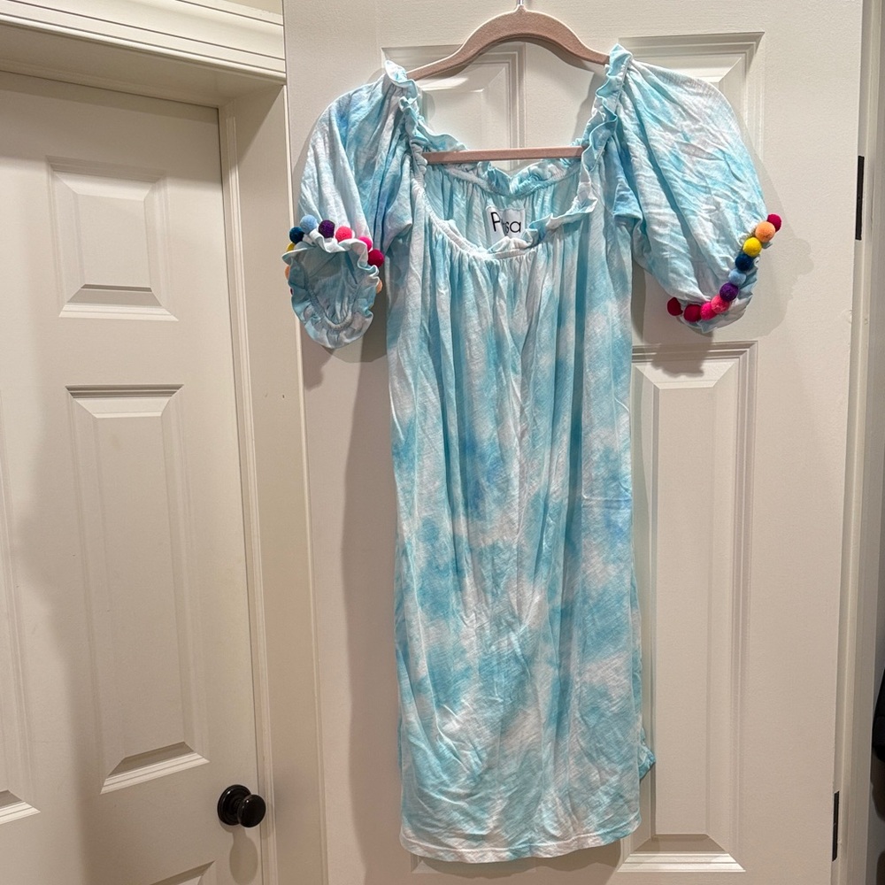 Pitusa Blue and White Tie-Dye swim Cover Up with Pom-Pom Sleeves